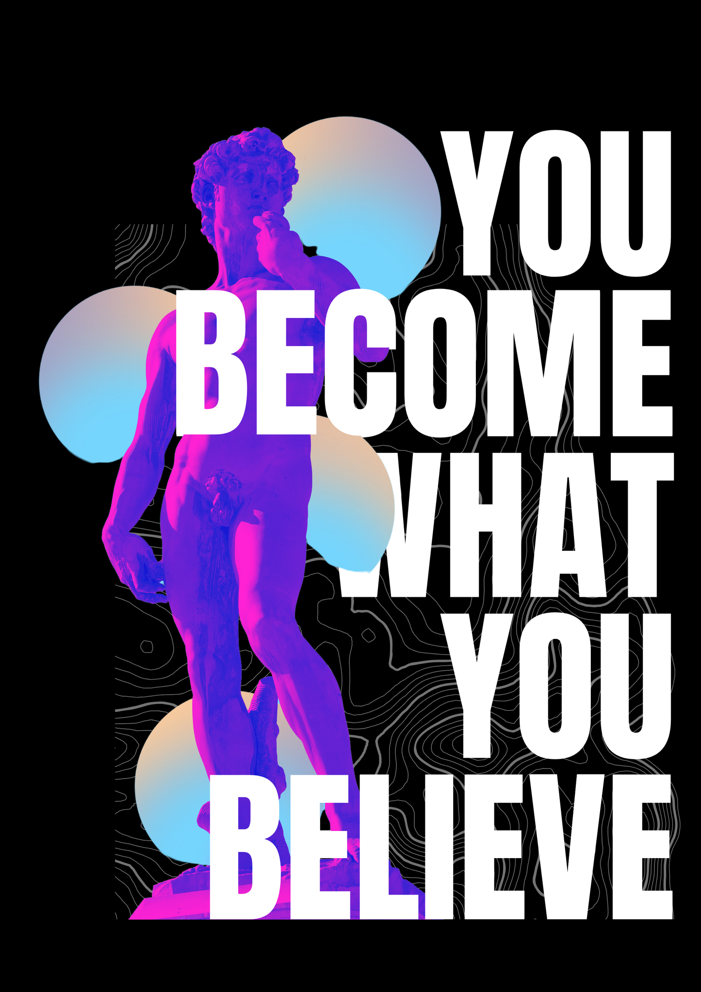 Motivational quote 'You become what you believe' with a stylized figure in the background on a black background.
