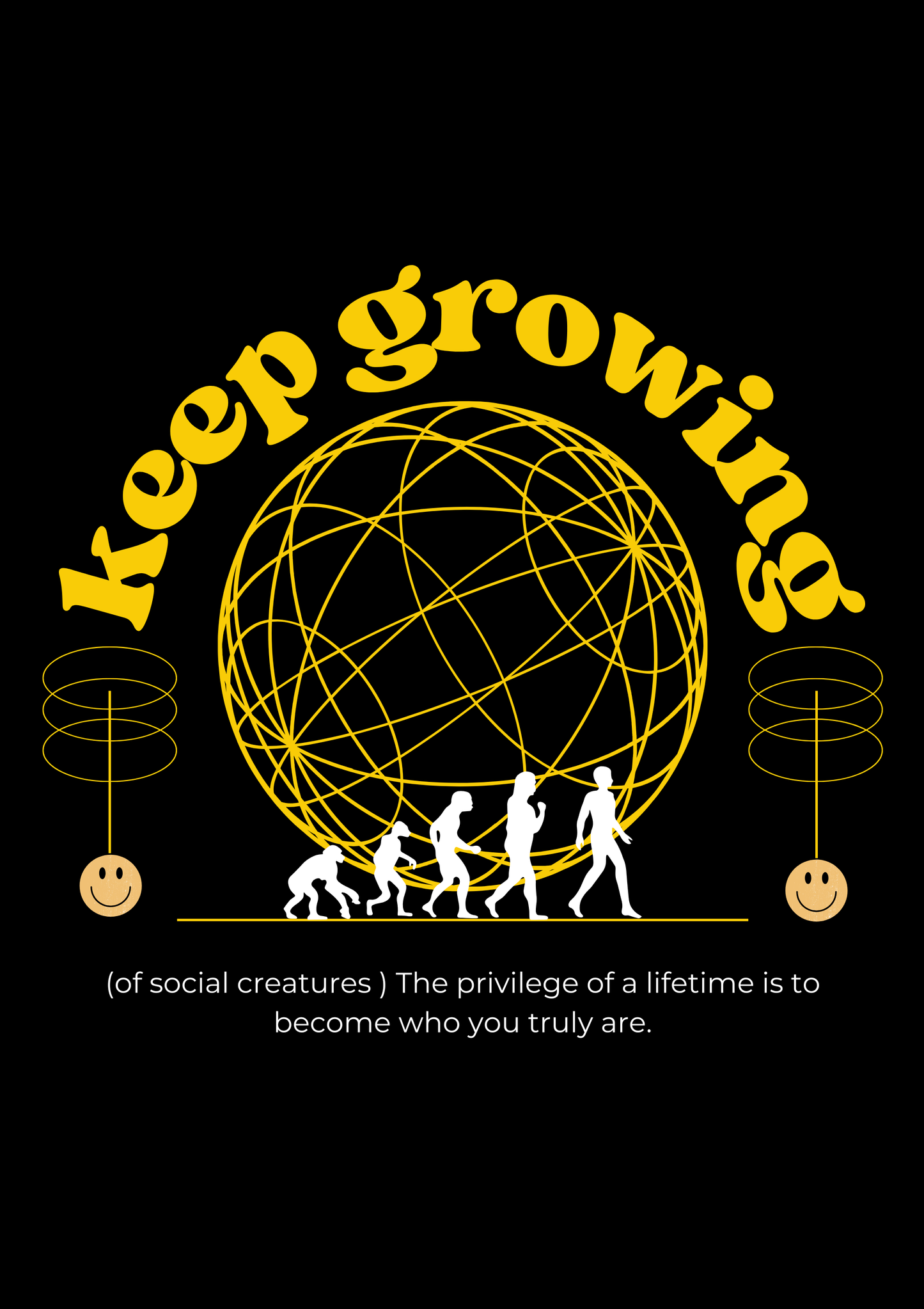 Motivational poster with 'Keep growing' text and evolutionary diagram on a black background