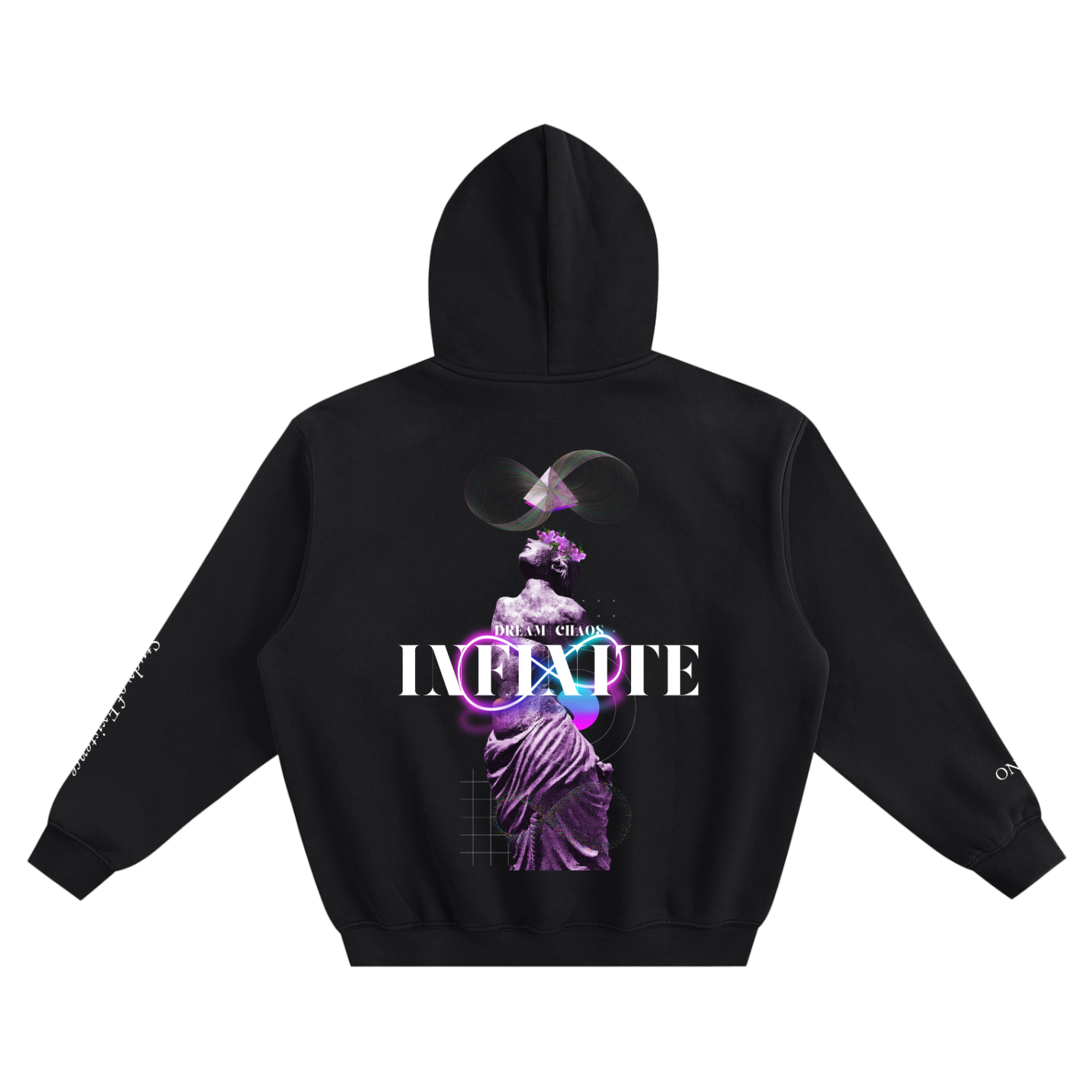 Black hoodie with a graphic design on the back featuring the text 'INFINITE'. Stylist streetwear hoodie, comfy formal hoodie, fashion hoodie, graphic hoodie, no front pocket hoodie, large hooded hoodie, large hood hoodie, oversized hoodie