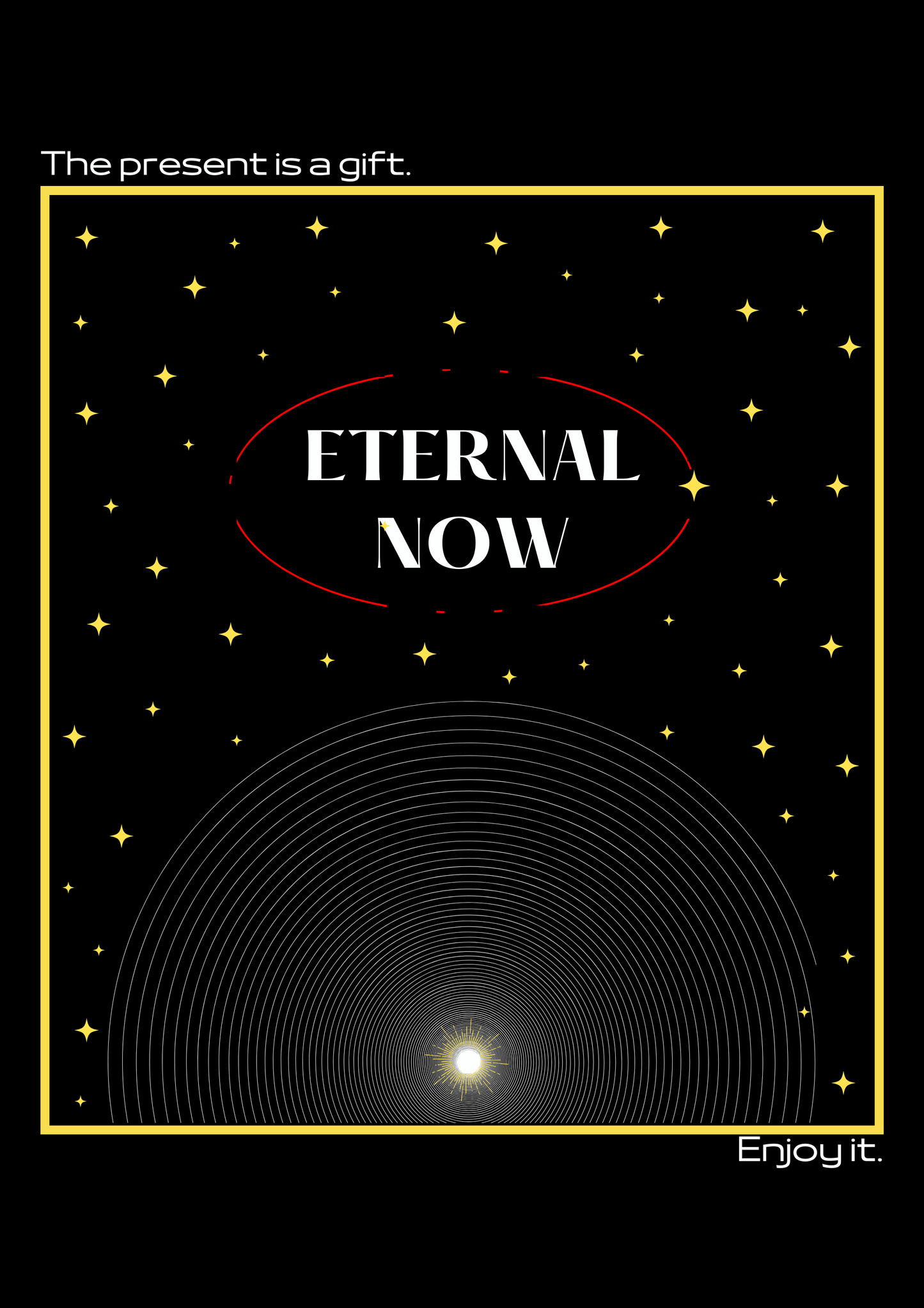 Poster with 'Eternal Now' text and starry design on a black background