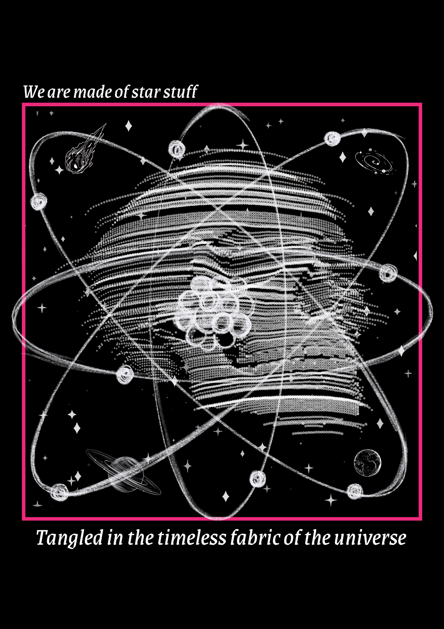 Illustration of an atom with star constellations and text on a black background