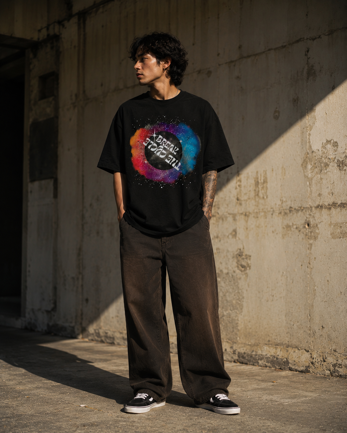 Person wearing a black t-shirt with a colorful design against a textured wall. Stylist streetwear tee, comfy formal tee, fashion tee, graphic tee