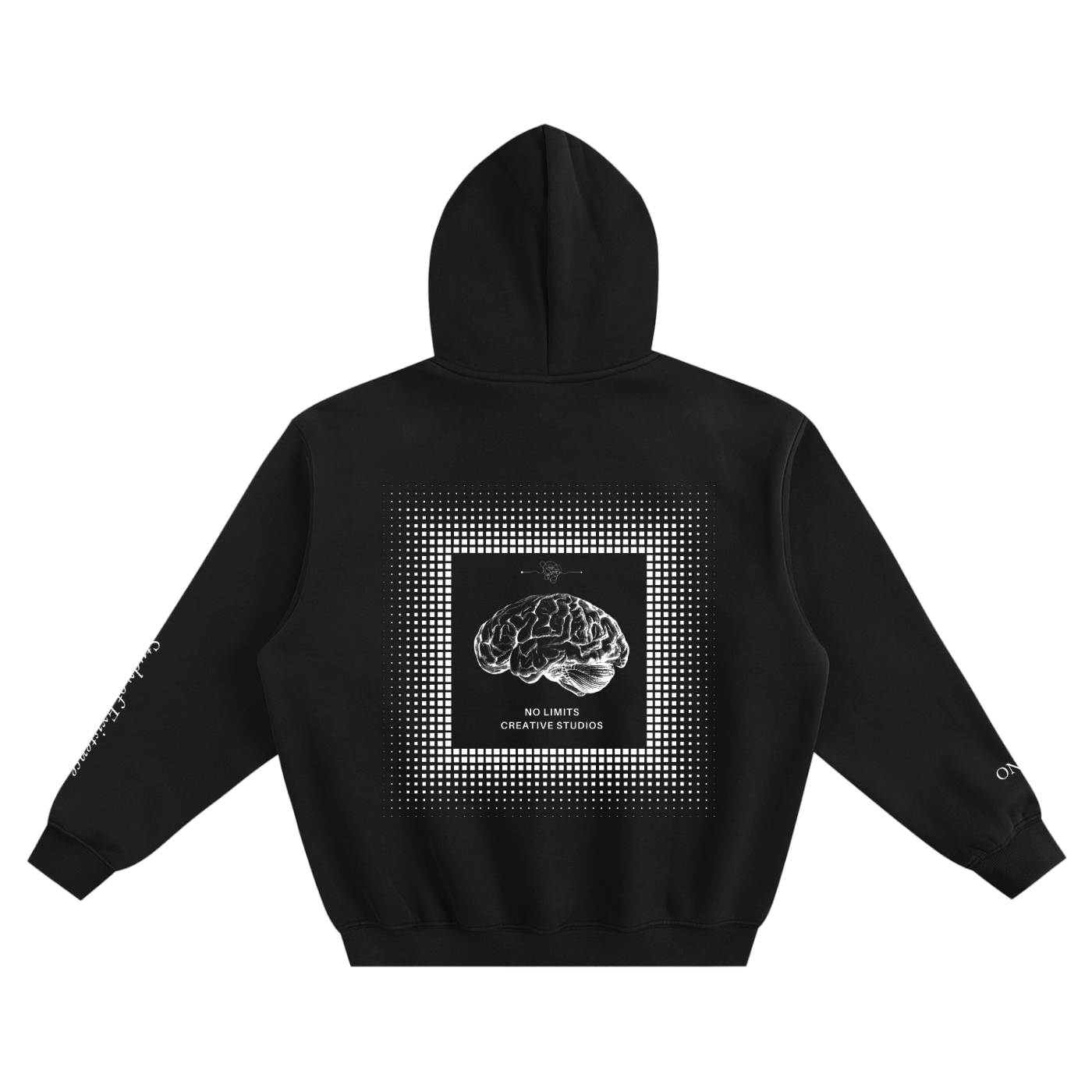 Black hoodie with a brain graphic and text on the back against a white background. Stylist streetwear hoodie, comfy formal hoodie, fashion hoodie, graphic hoodie, no front pocket hoodie, large hooded hoodie, large hood hoodie, oversized hoodie