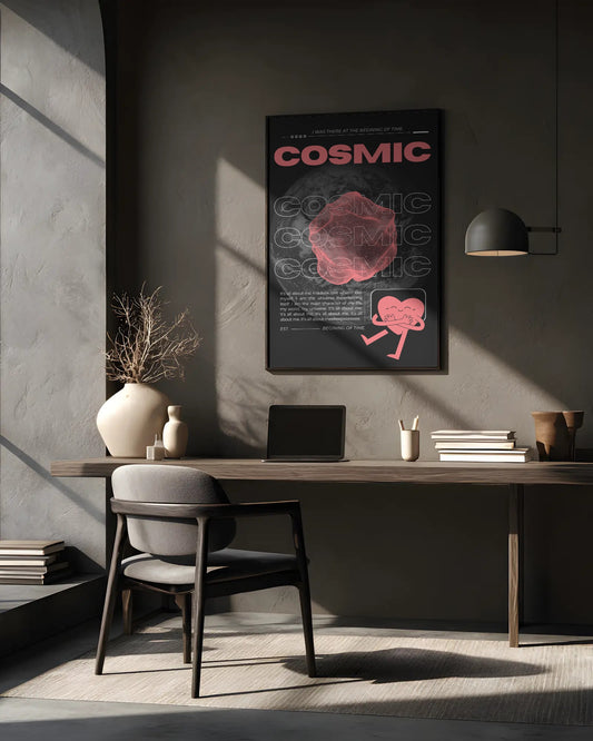 Modern office space with a desk, chair, and 'Cosmic' poster on the wall.