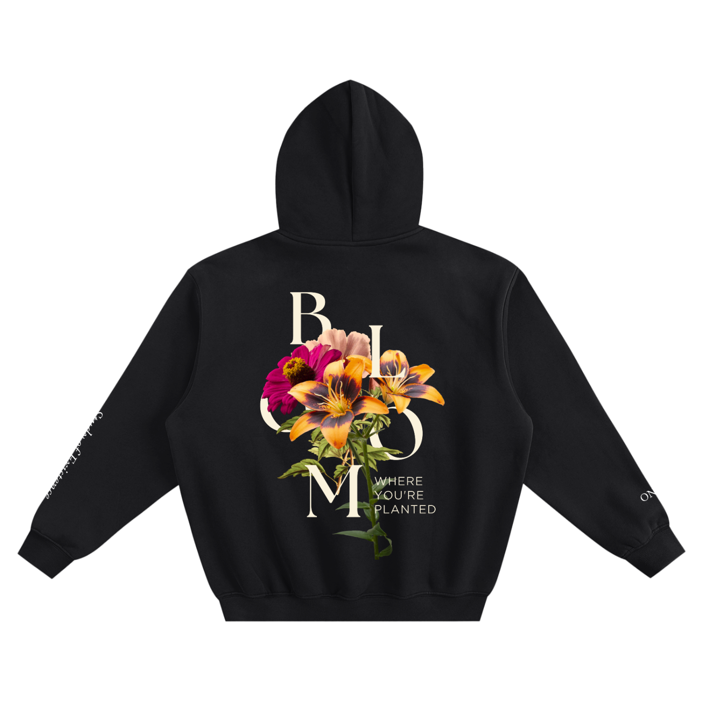Black hoodie with floral design and text on the back against a white background