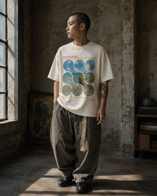 Person wearing a white t-shirt with a graphic design in a dimly lit room. Stylist streetwear tee, comfy formal tee, fashion tee, graphic tee