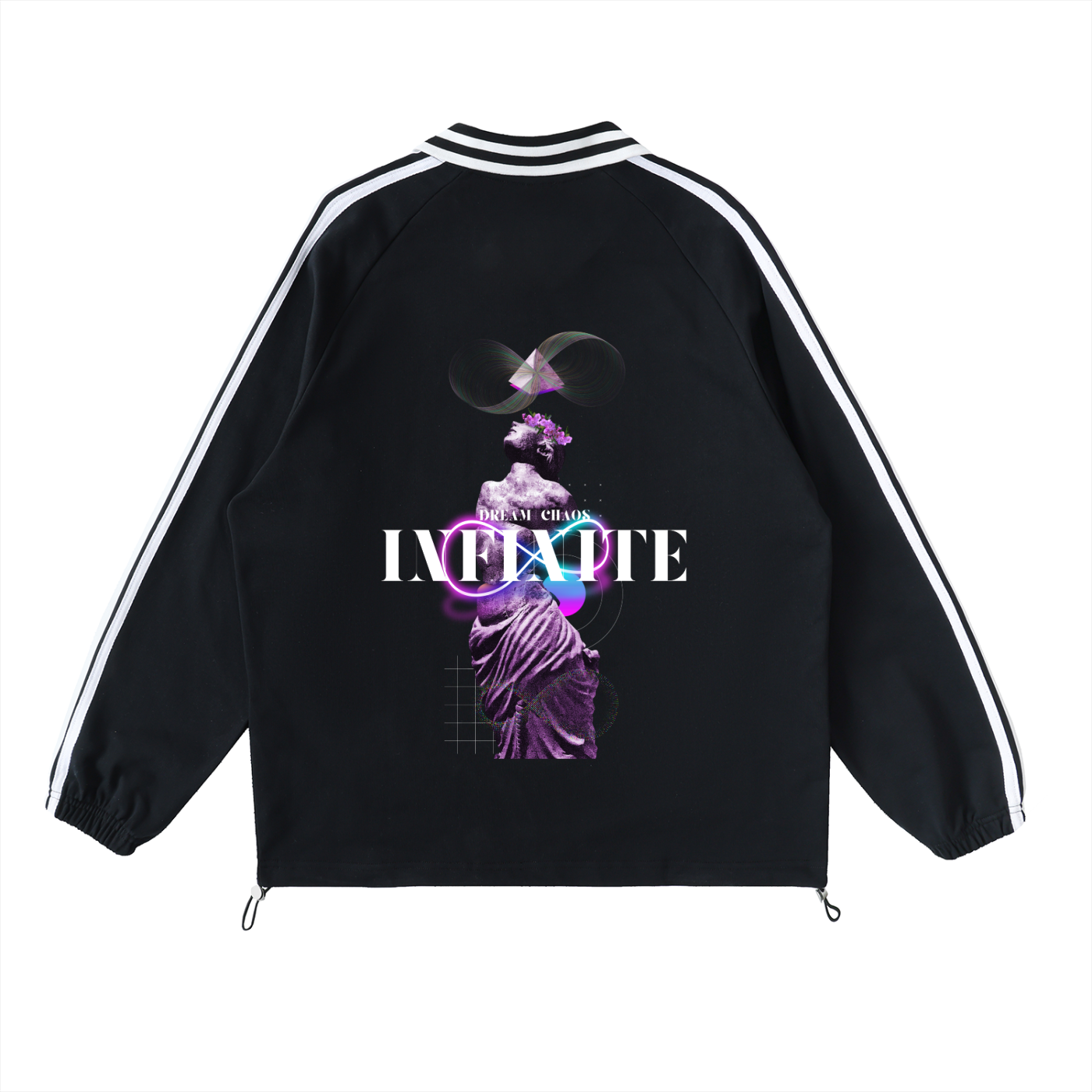 Black jacket with white stripes on sleeves featuring a graphic design and text on a white background. Stylist streetwear collar Sweatshirt, comfy formal collar Sweatshirt, fashion collar Sweatshirt, graphic collar Sweatshirt