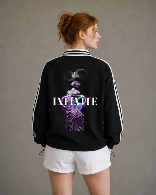 Person wearing a black jacket with a graphic design and text on the back, standing against a plain background. Stylist streetwear collar Sweatshirt, comfy formal collar Sweatshirt, fashion collar Sweatshirt, graphic collar Sweatshirt