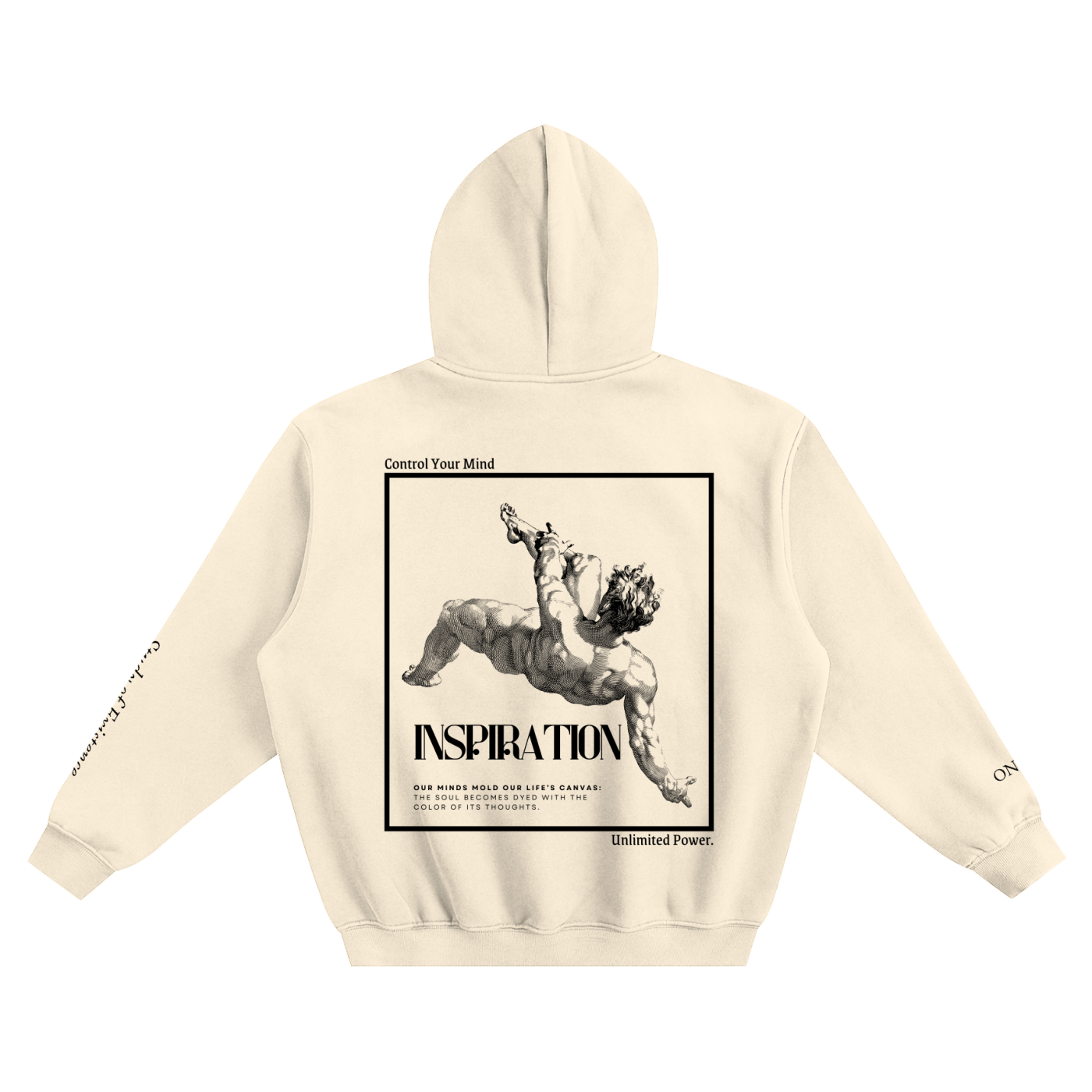 Beige hoodie with graphic design on the back featuring a black and white illustration and text. Stylist streetwear hoodie, comfy formal hoodie, fashion hoodie, graphic hoodie, no front pocket hoodie, large hooded hoodie, large hood hoodie, oversized hoodie