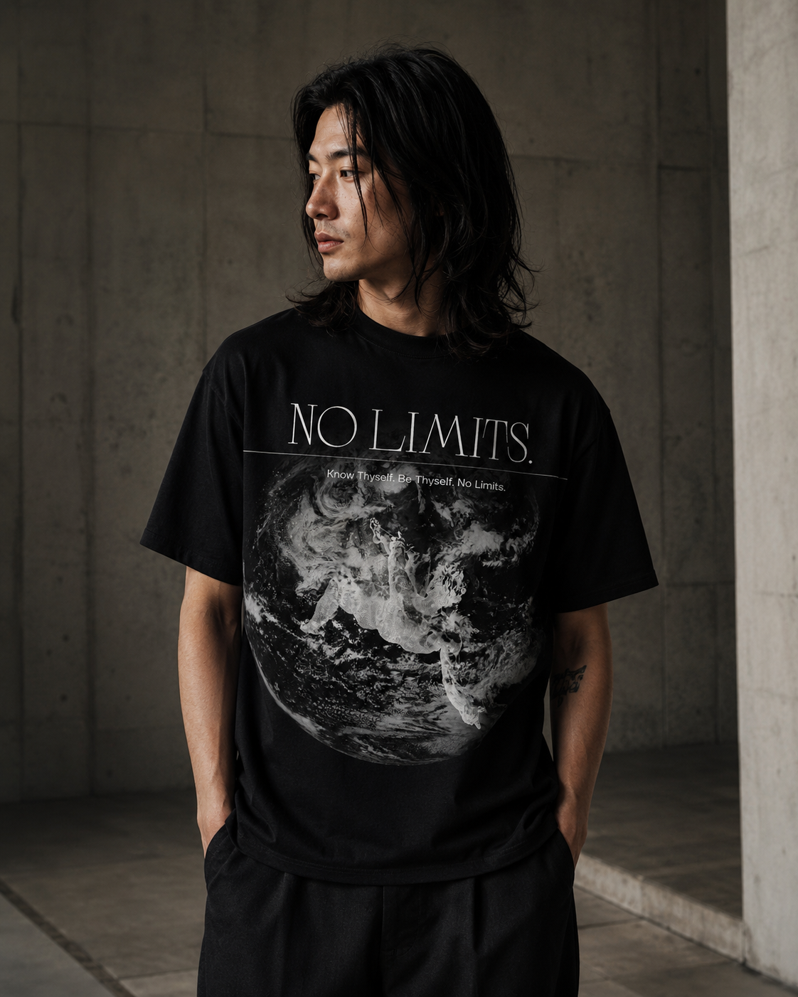 Person wearing a black t-shirt with 'No Limits' graphic design in a dimly lit room. Stylist streetwear tee, comfy formal tee, fashion tee, graphic tee