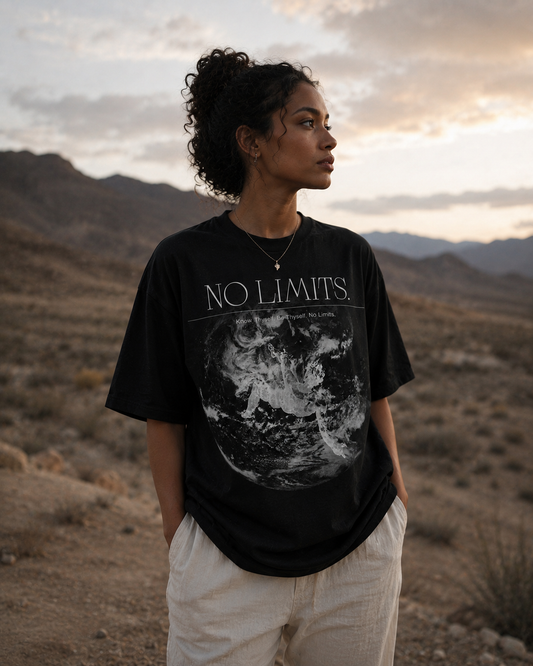 Person wearing a 'No Limits' t-shirt in a desert landscape. Stylist streetwear tee, comfy formal tee, fashion tee, graphic tee