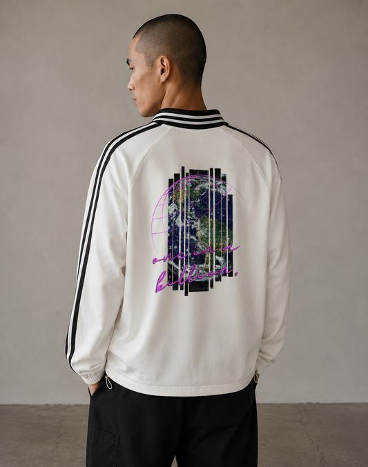 Person wearing a white tracksuit with a graphic design on the back against a plain background. Stylist streetwear collar Sweatshirt, comfy formal collar Sweatshirt, fashion collar Sweatshirt, graphic collar Sweatshirt