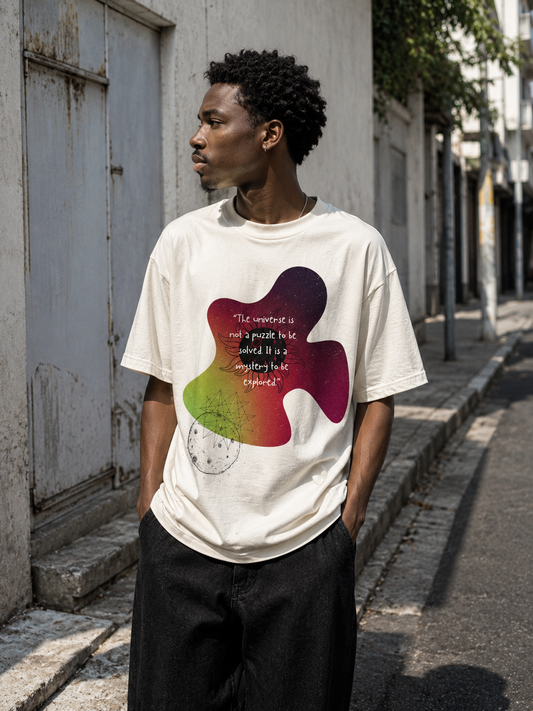 Person wearing a white t-shirt with a colorful abstract design and text on a street. Stylist streetwear tee, comfy formal tee, fashion tee, graphic tee