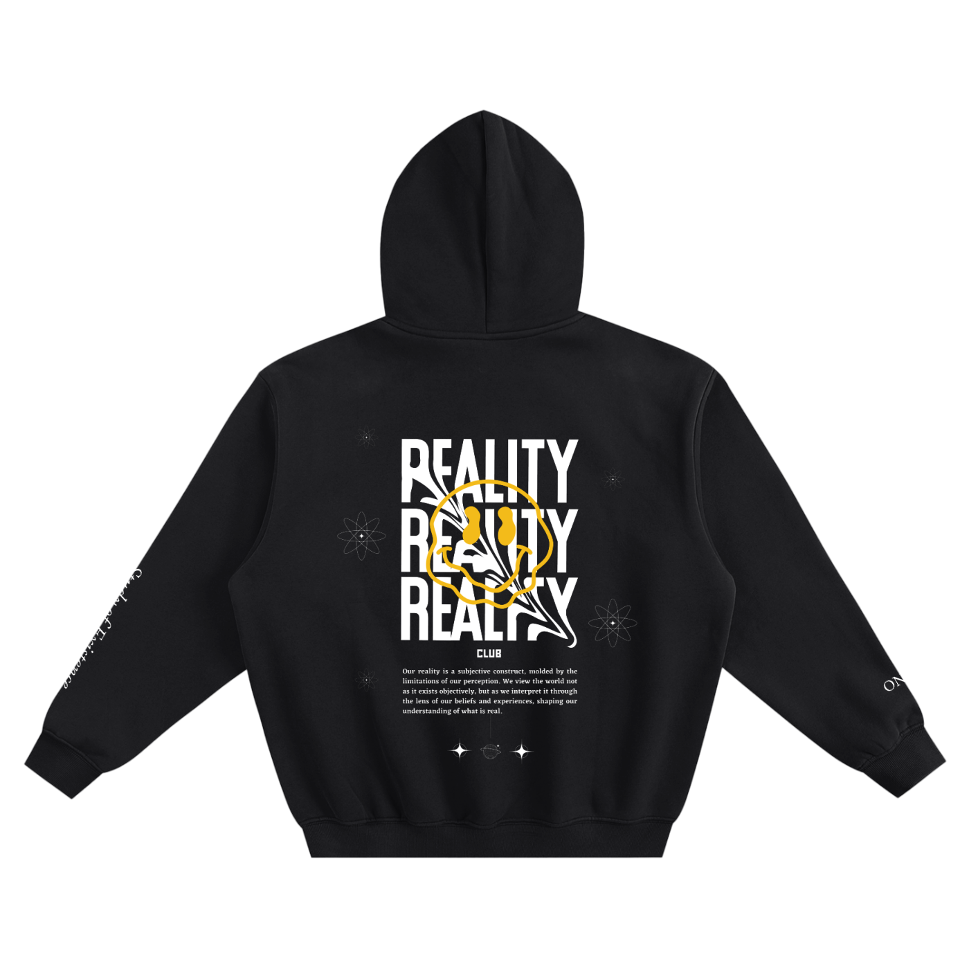 Black hoodie with 'REALITY' text design on the back against a white background. Stylist streetwear hoodie, comfy formal hoodie, fashion hoodie, graphic hoodie, no front pocket hoodie, large hooded hoodie, large hood hoodie, oversized hoodie