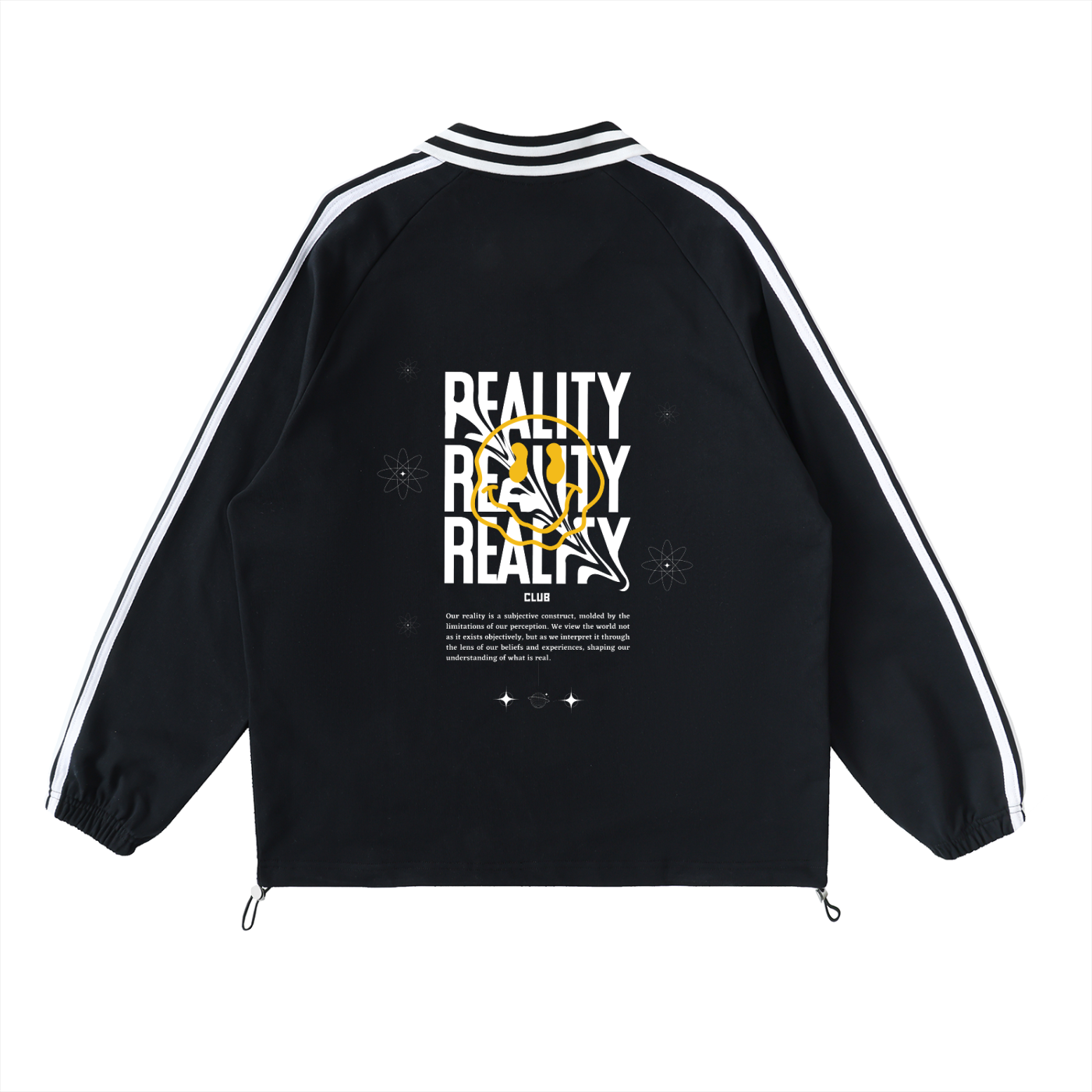 Black jacket with 'REALITY' text and design on a white background. Stylist streetwear collar Sweatshirt, comfy formal collar Sweatshirt, fashion collar Sweatshirt, graphic collar Sweatshirt