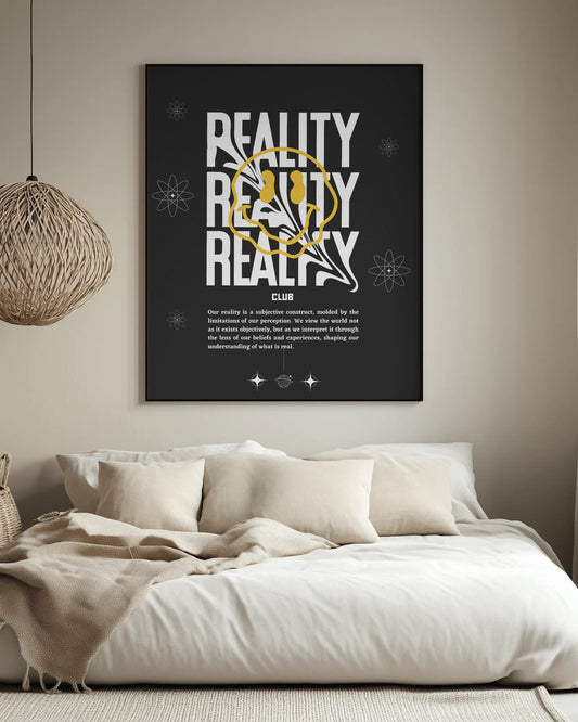 Framed artwork with 'REALITY' text in a modern living room.