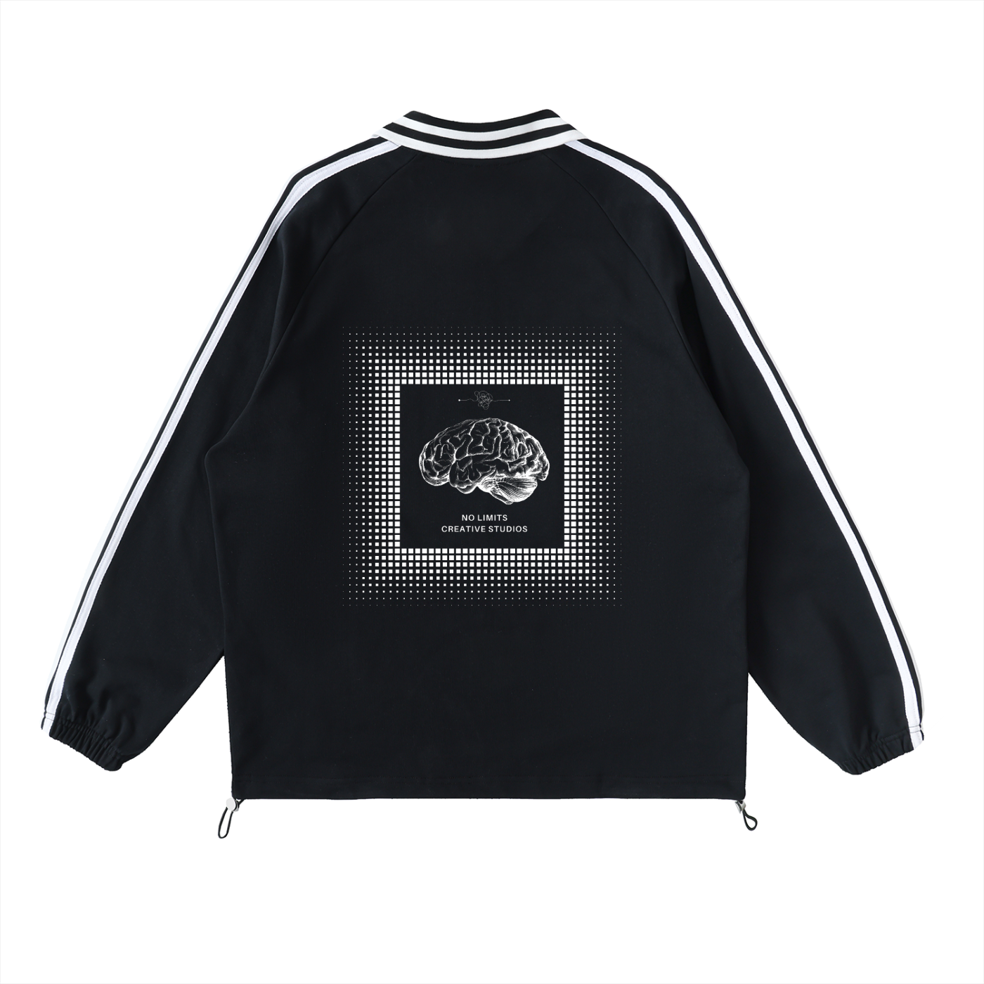 Black jacket with white stripes on sleeves and back design featuring a brain illustration. Stylist streetwear collar Sweatshirt, comfy formal collar Sweatshirt, fashion collar Sweatshirt, graphic collar Sweatshirt