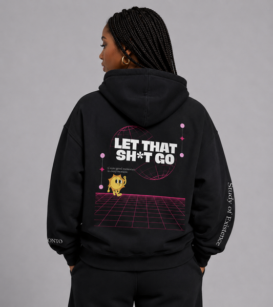 Person wearing a black hoodie with graphic design and text on the back, on a gray background. Stylist streetwear hoodie, comfy formal hoodie, fashion hoodie, graphic hoodie, no front pocket hoodie, large hooded hoodie, large hood hoodie, oversized hoodie