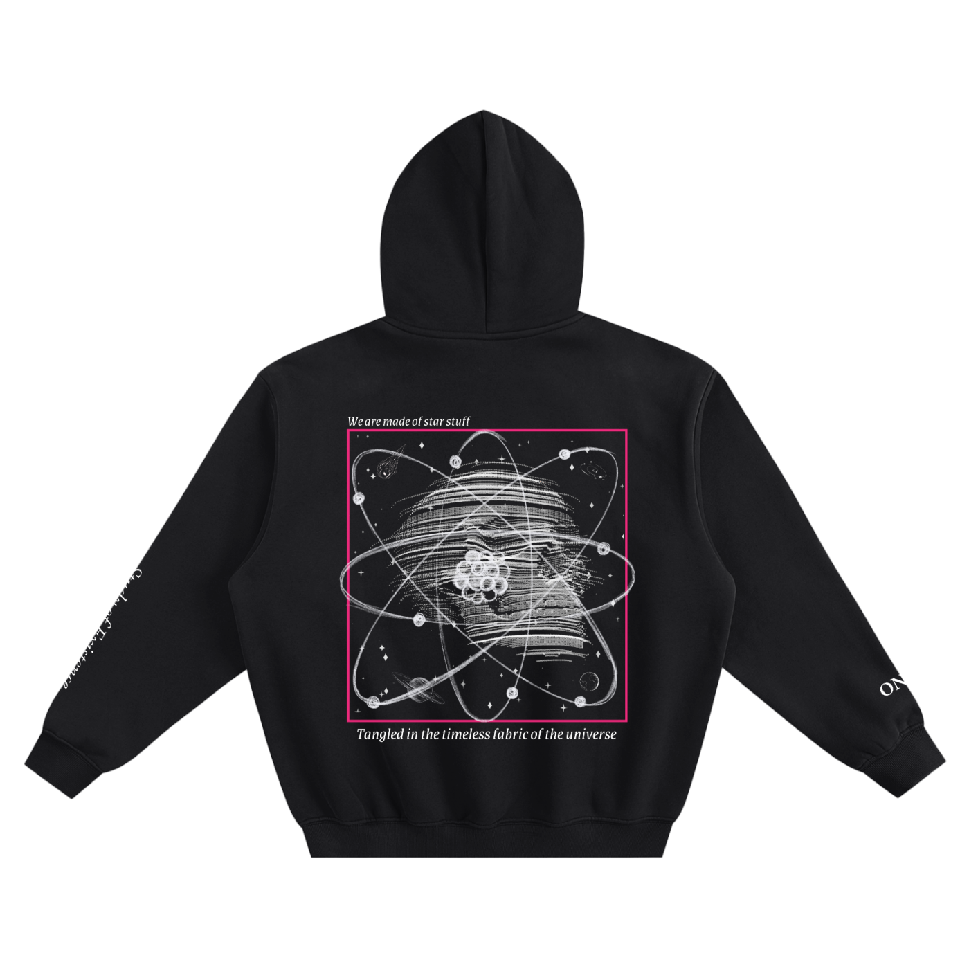 Black hoodie with a cosmic design on the back against a white background. Stylist streetwear hoodie, comfy formal hoodie, fashion hoodie, graphic hoodie, no front pocket hoodie, large hooded hoodie, large hood hoodie, oversized hoodie