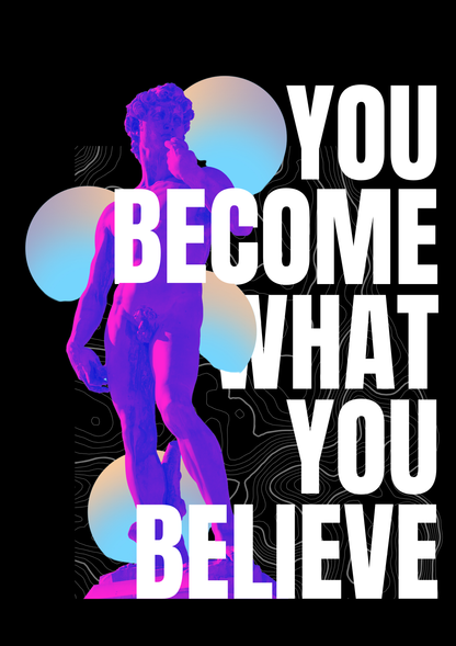 Motivational quote 'You become what you believe' with a stylized figure in the background on a black background.