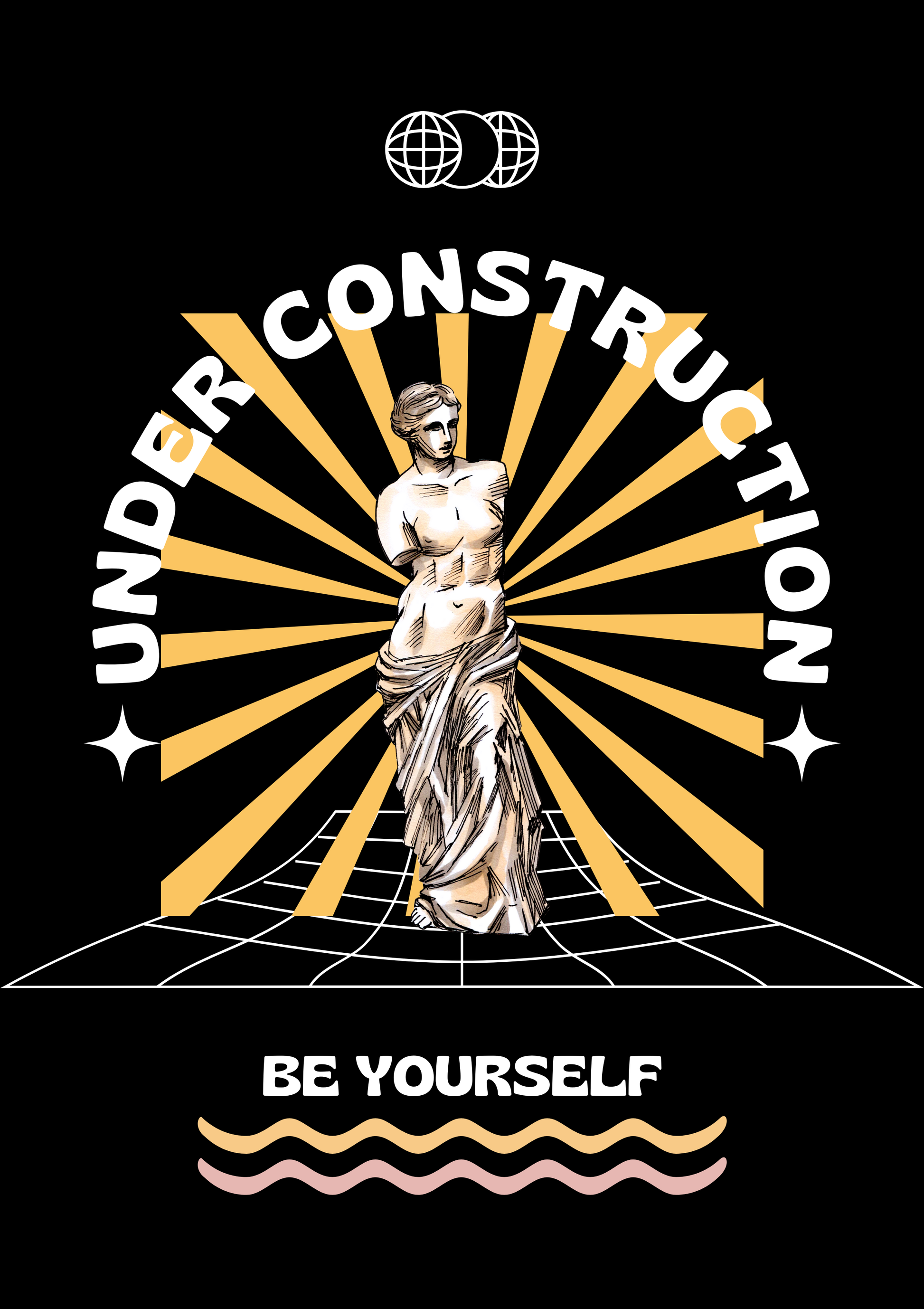 Design with statue and 'Under Construction Be Yourself' text on a black background