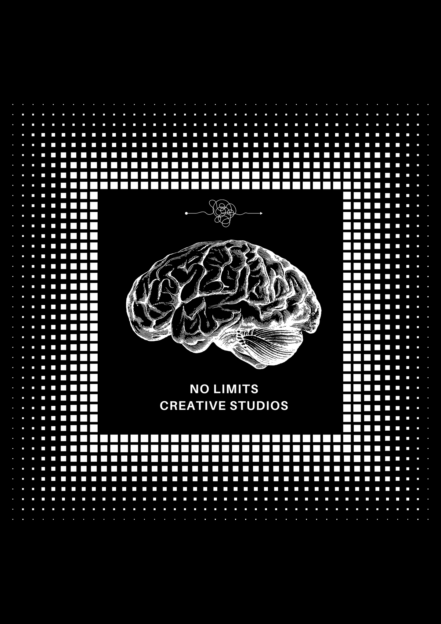 Black and white poster with a brain illustration and 'No Limits Creative Studios' text on a black background.