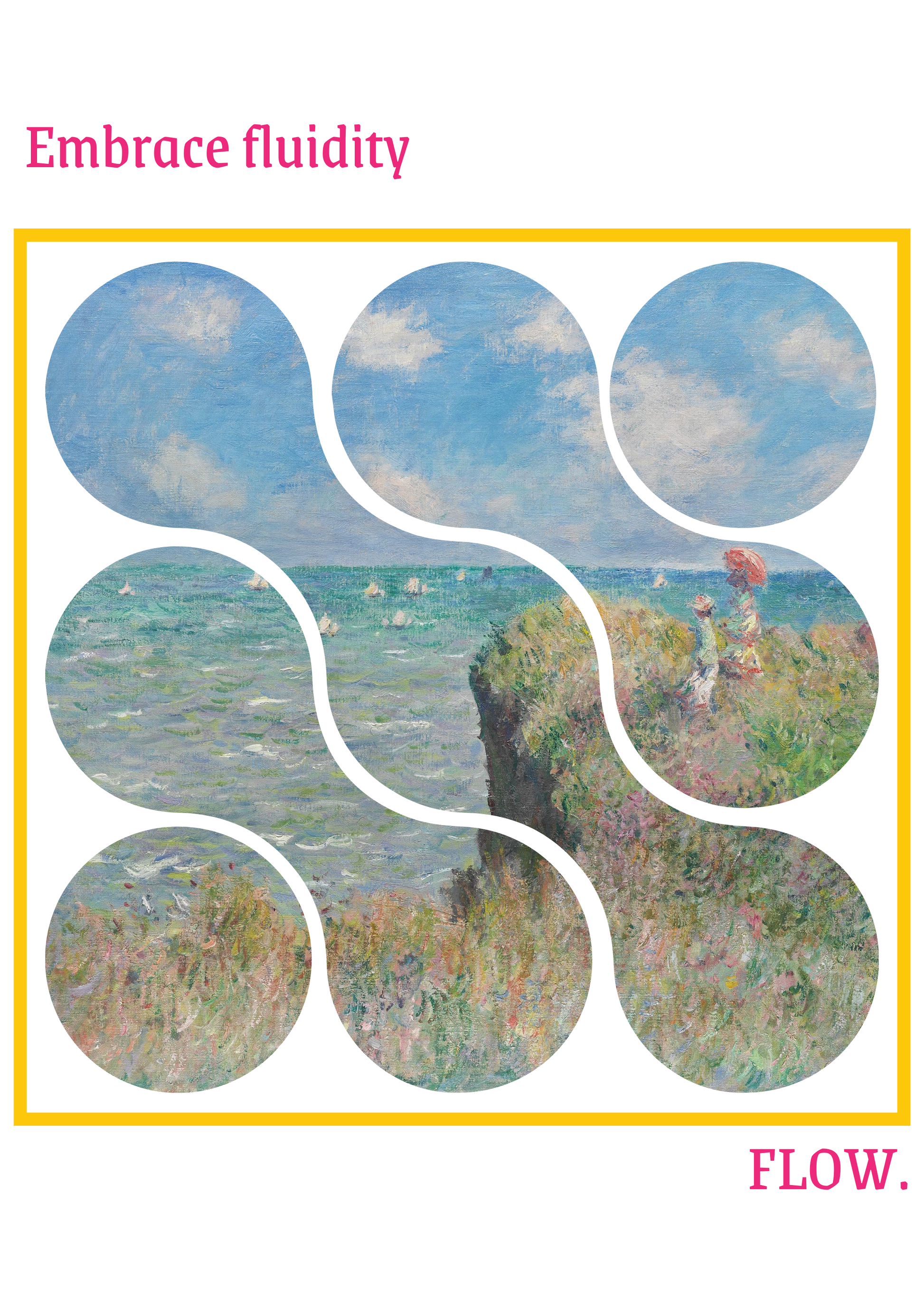 Artistic depiction of a landscape with geometric shapes and 'Embrace fluidity' text.