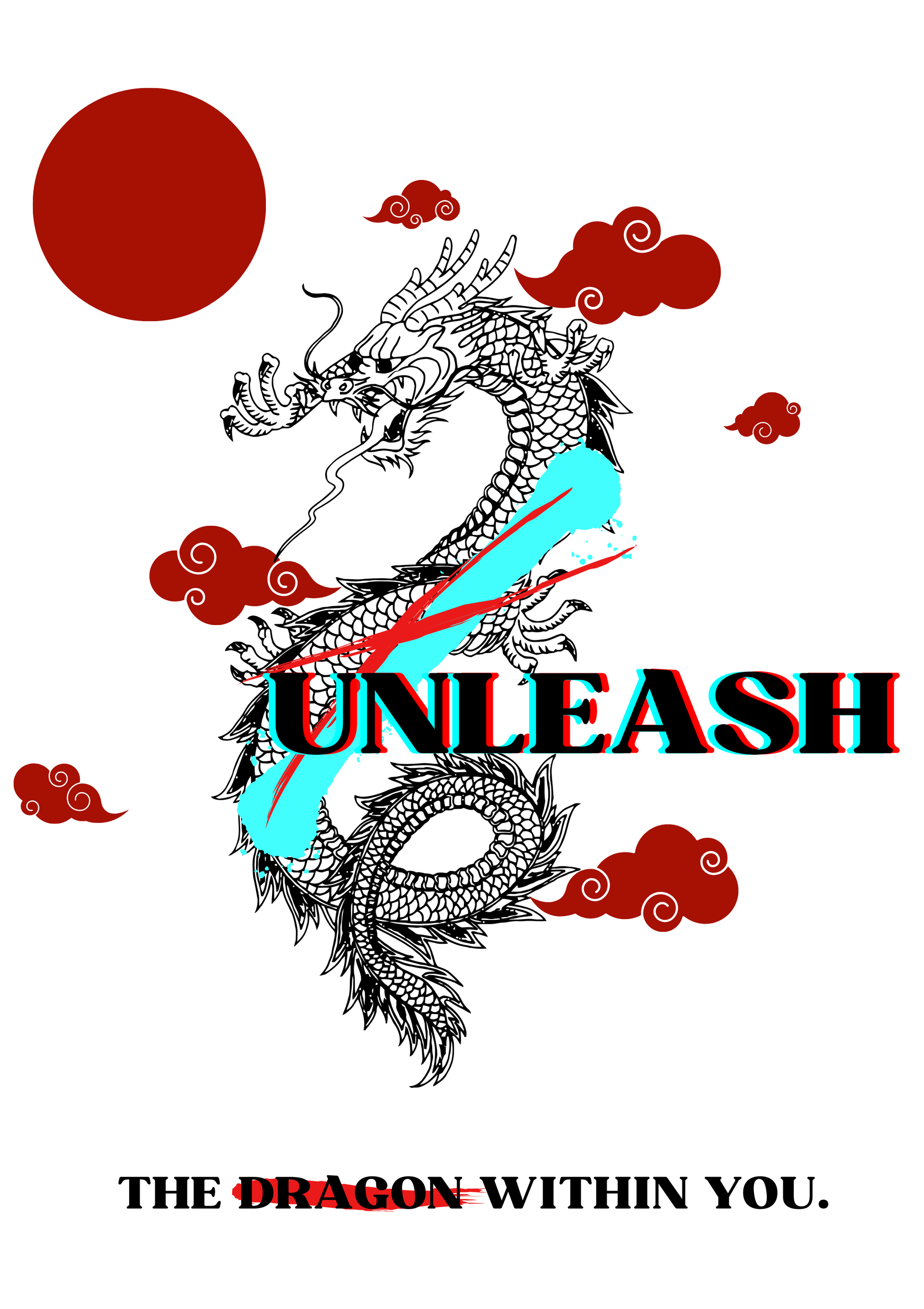 Dragon illustration with red sun and clouds on a white background, featuring the word 'UNLEASH'.