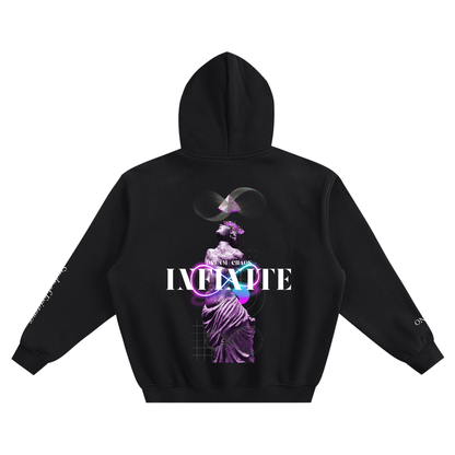 Black hoodie with a graphic design on the back featuring the text 'INFINITE'. Stylist streetwear hoodie, comfy formal hoodie, fashion hoodie, graphic hoodie, no front pocket hoodie, large hooded hoodie, large hood hoodie, oversized hoodie