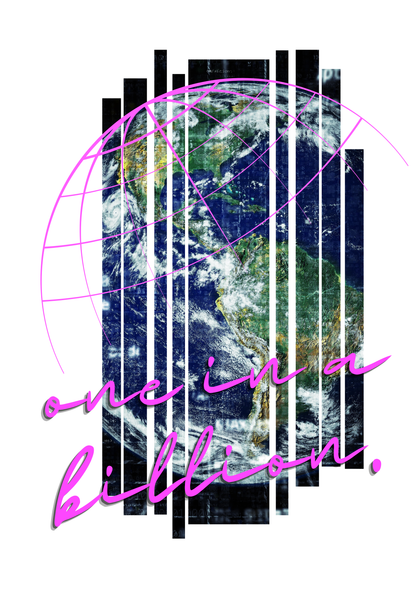 Collage of Earth with geometric shapes and 'one in a billion' text.