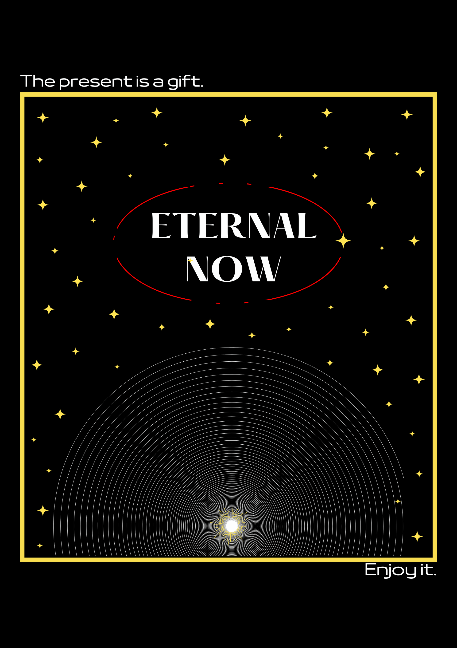 Poster with 'Eternal Now' text and starry design on a black background