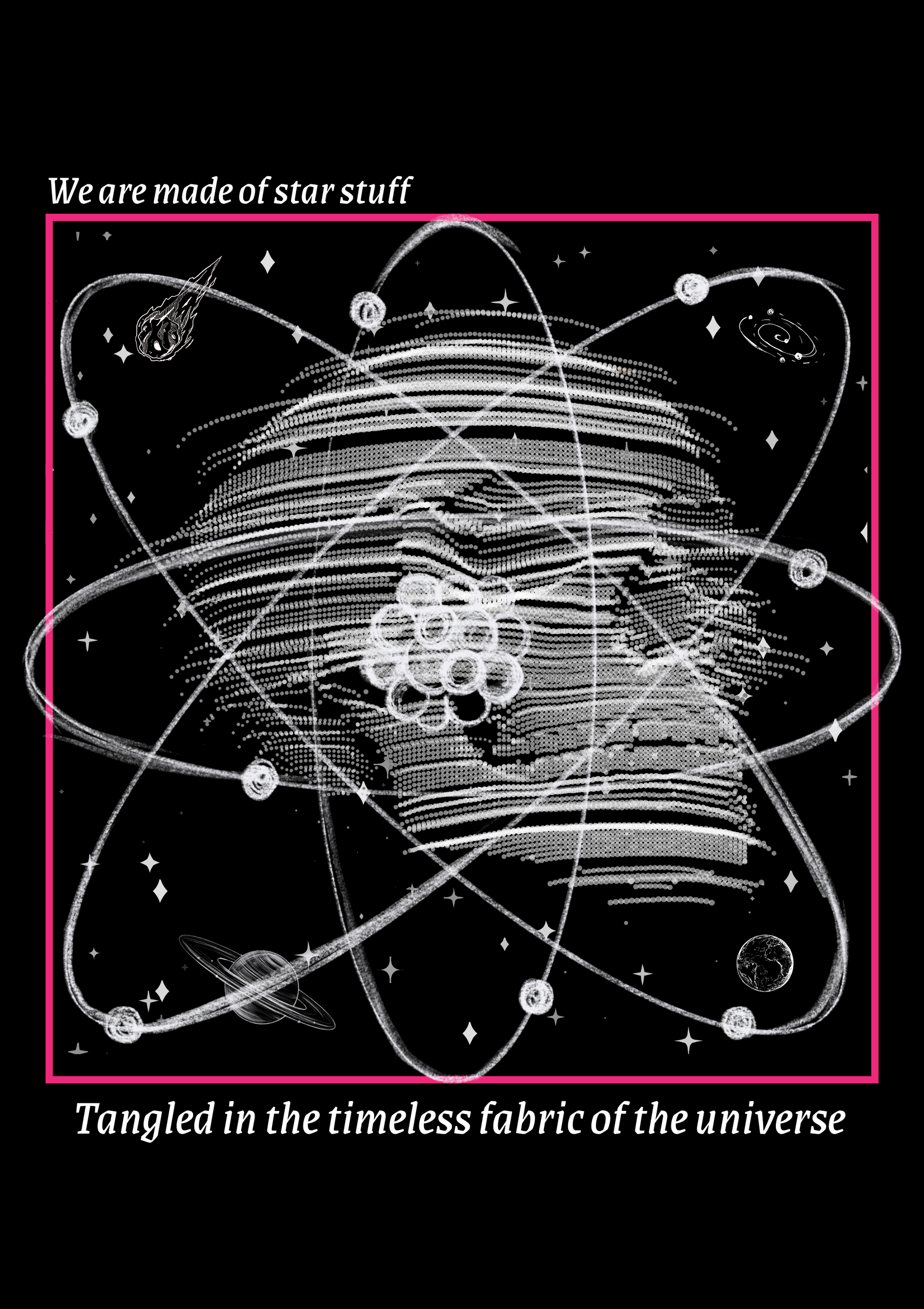 Illustration of an atom with star constellations and text on a black background