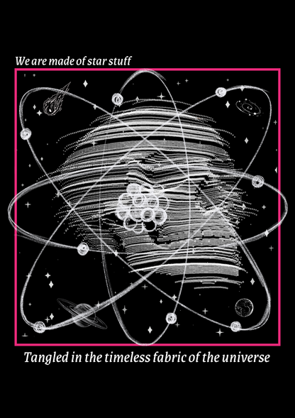 Illustration of an atom with star constellations and text on a black background