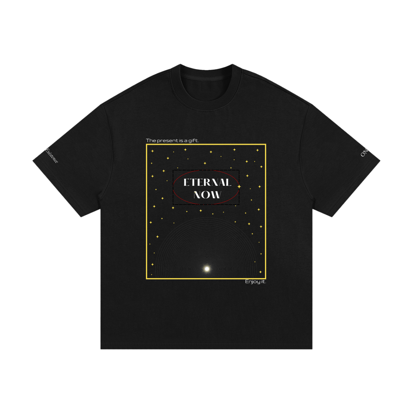 Black t-shirt with 'Eternal Now' design on a white background. generate another picture of this tee with different gender, different race, different bottom, different background 


