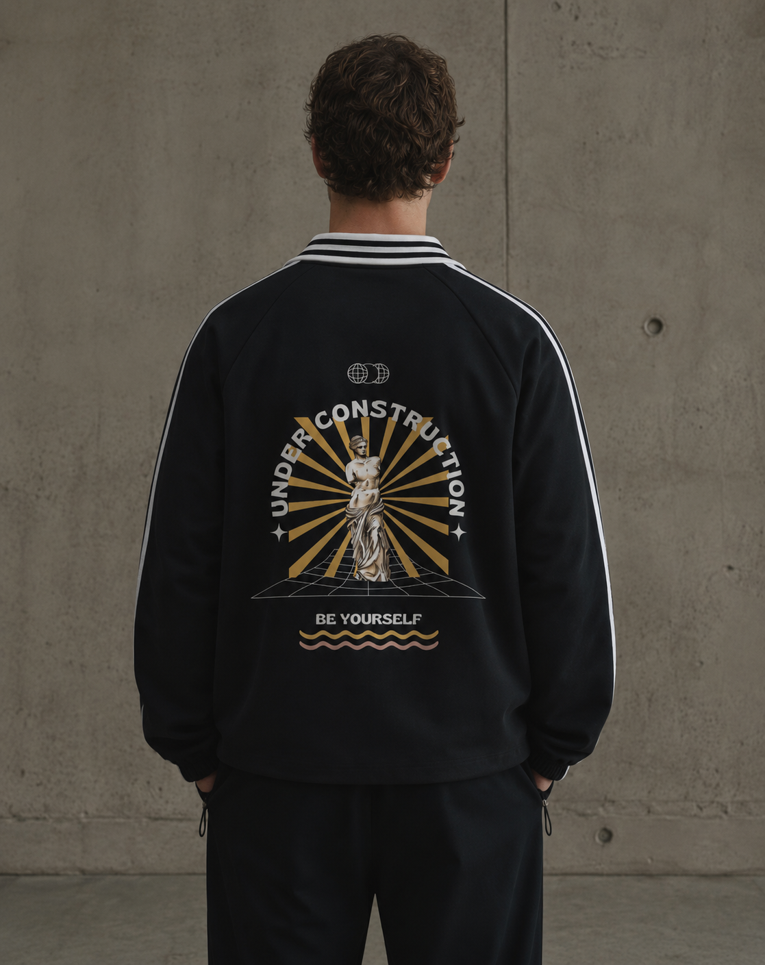 Person wearing a black jacket with a graphic design on the back against a concrete wall. Stylist streetwear collar Sweatshirt, comfy formal collar Sweatshirt, fashion collar Sweatshirt, graphic collar Sweatshirt