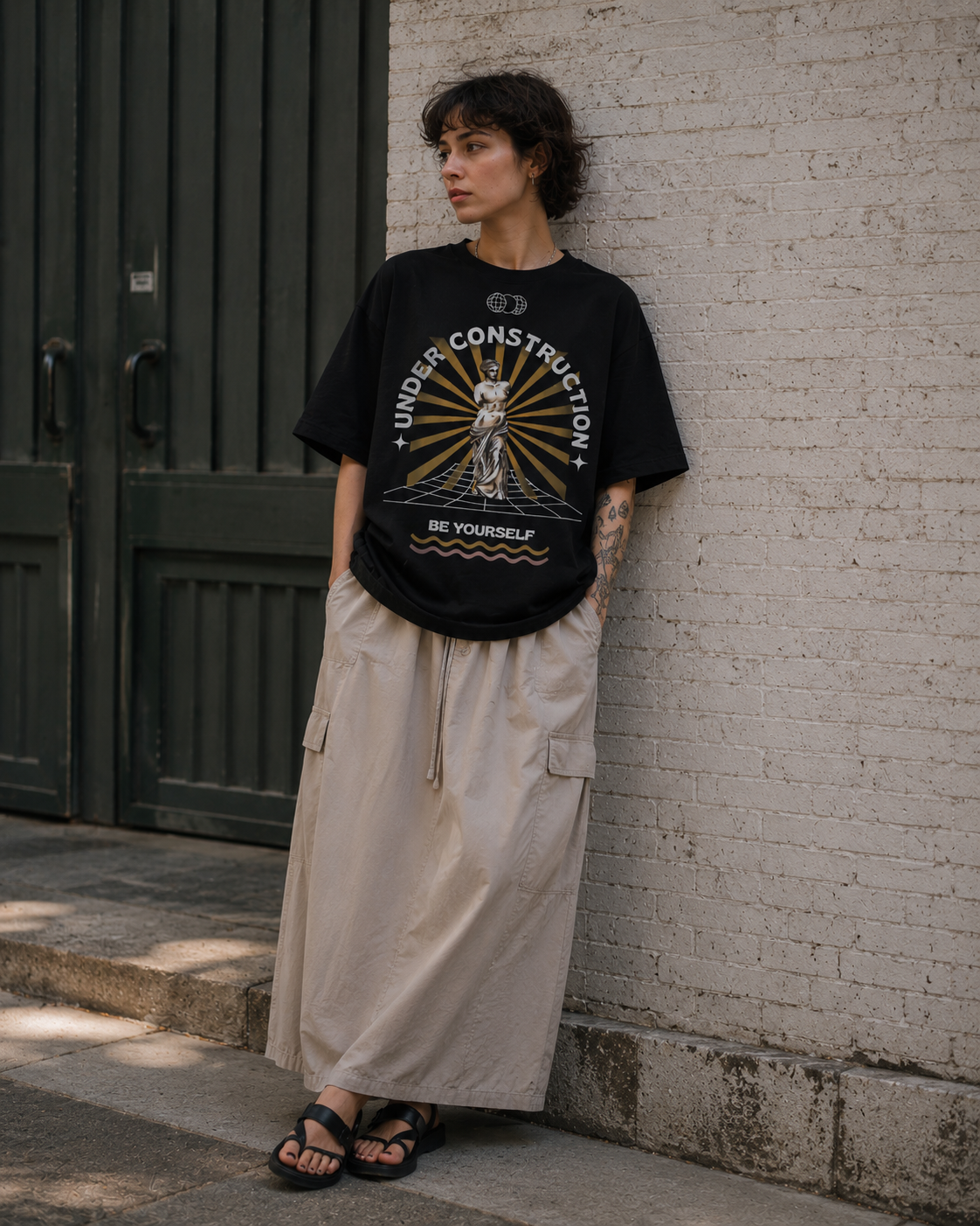 Person wearing a black 'Under Construction' t-shirt and beige pants leaning against a brick wall. Stylist streetwear tee, comfy formal tee, fashion tee, graphic tee
