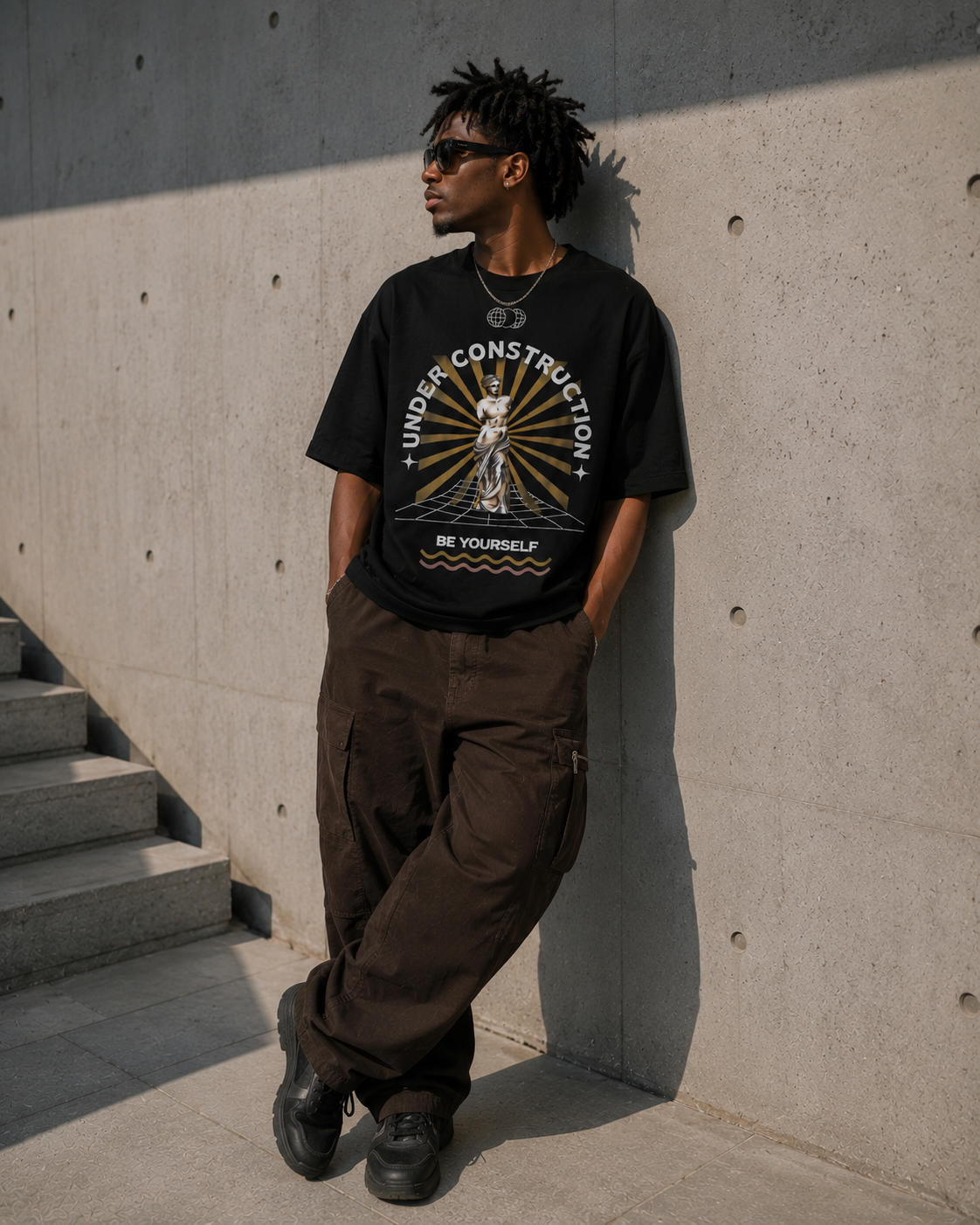 Man wearing a black t-shirt with graphic design leaning against a concrete wall. Stylist streetwear tee, comfy formal tee, fashion tee, graphic tee
