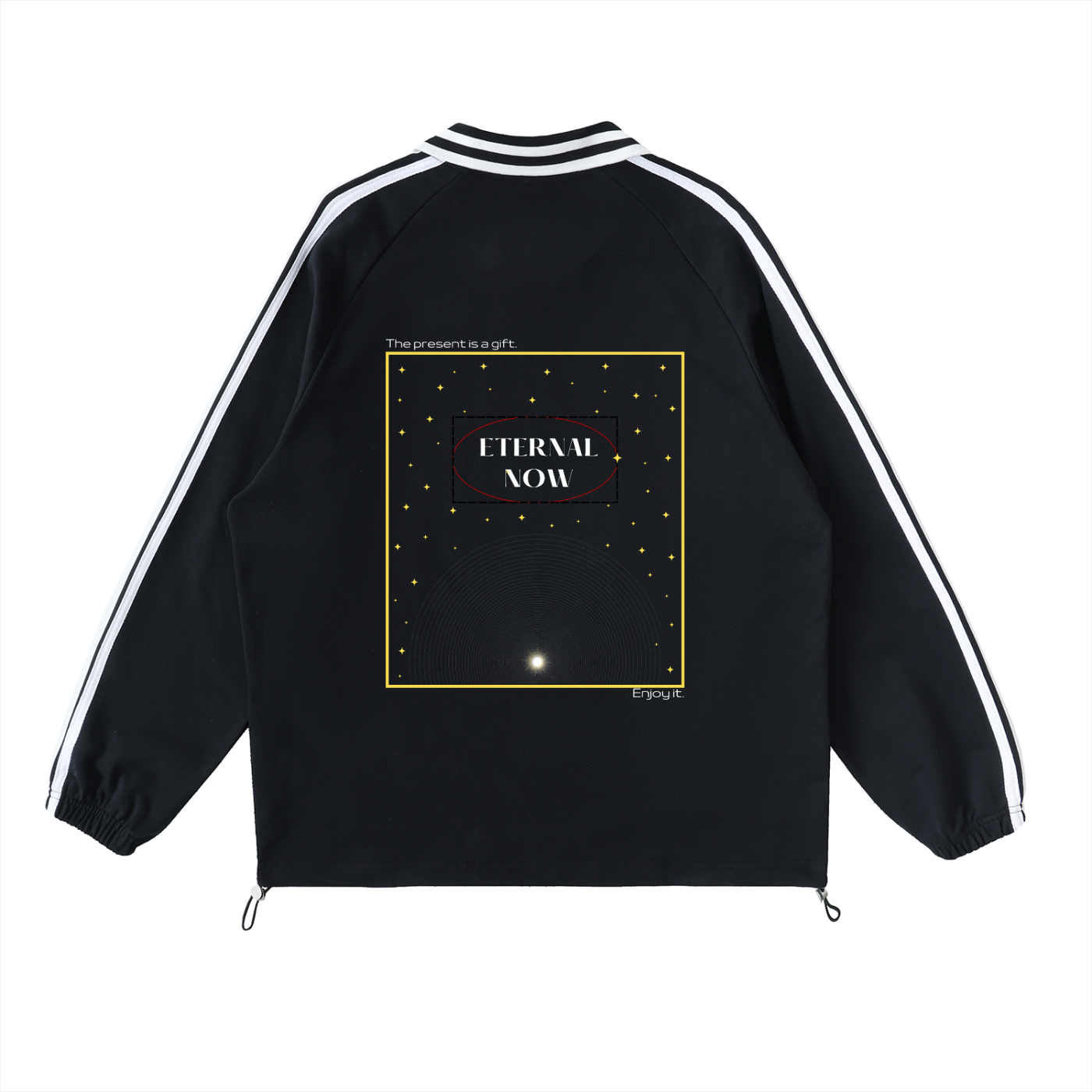 Black jacket with white stripes on sleeves and 'Eternal Now' design on back against a white background Stylist streetwear collar Sweatshirt, comfy formal collar Sweatshirt, fashion collar Sweatshirt, graphic collar Sweatshirt