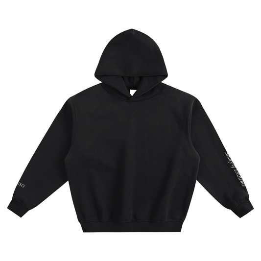 Black hoodie with text on sleeves against a white background