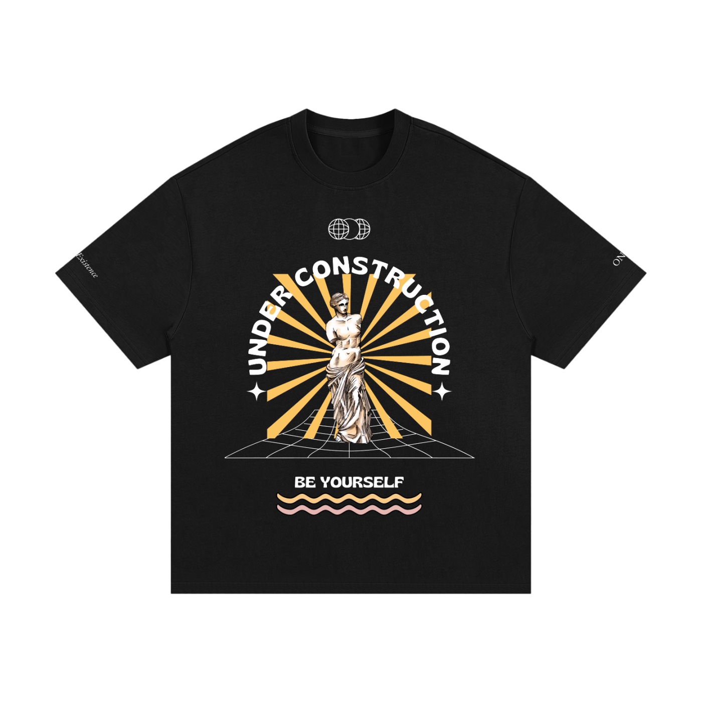 Black t-shirt with a graphic design featuring a statue and text on a white background