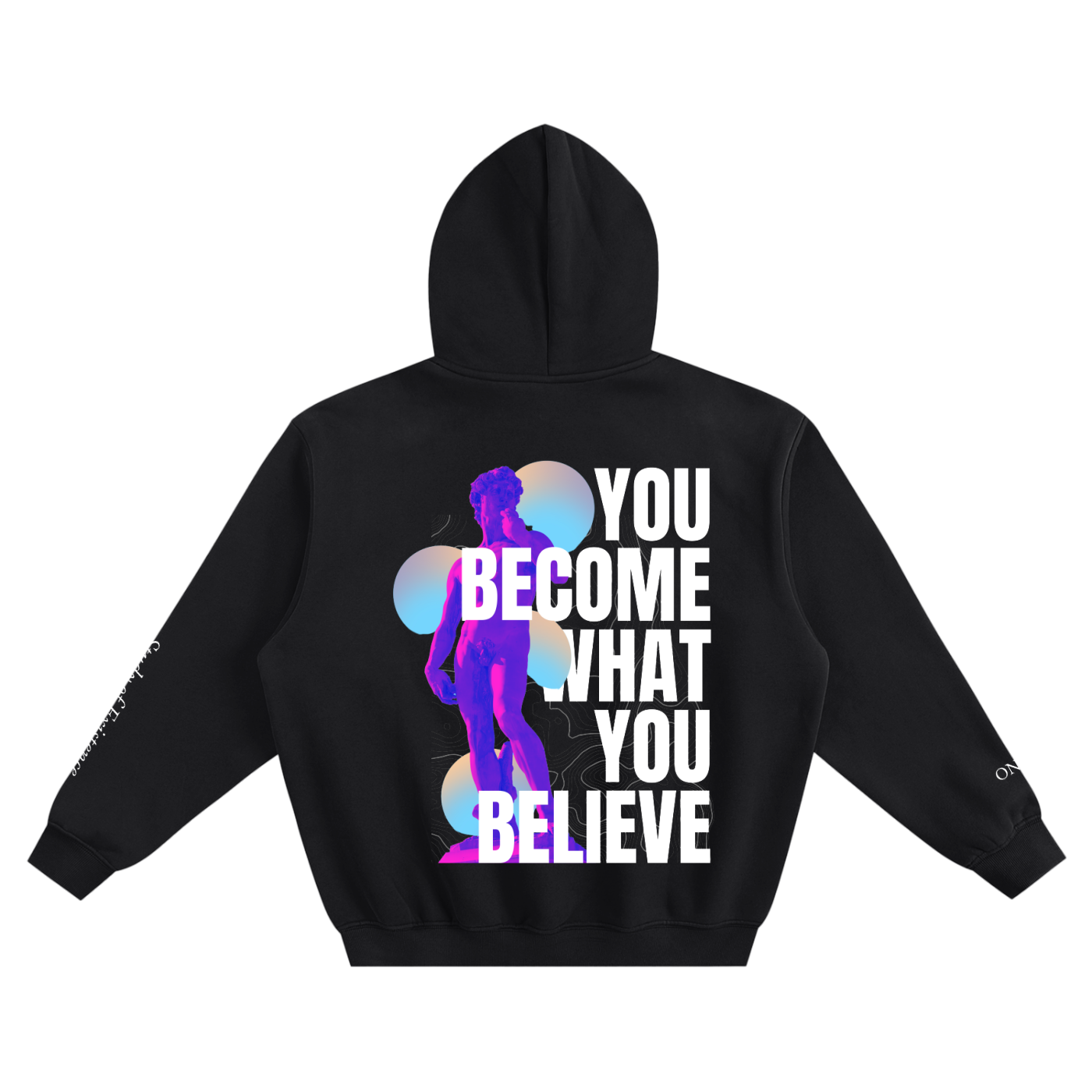 Black hoodie with a colorful graphic and text on the back against a white background. Stylist streetwear hoodie, comfy formal hoodie, fashion hoodie, graphic hoodie, no front pocket hoodie, large hooded hoodie, large hood hoodie, oversized hoodie
