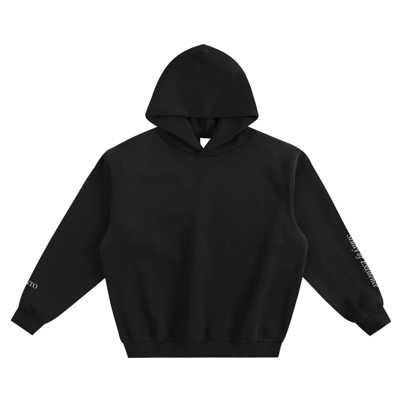 Black hoodie with text on sleeves against a white background. Stylist streetwear hoodie, comfy formal hoodie, fashion hoodie, graphic hoodie, no front pocket hoodie, large hooded hoodie, large hood hoodie, oversized hoodie