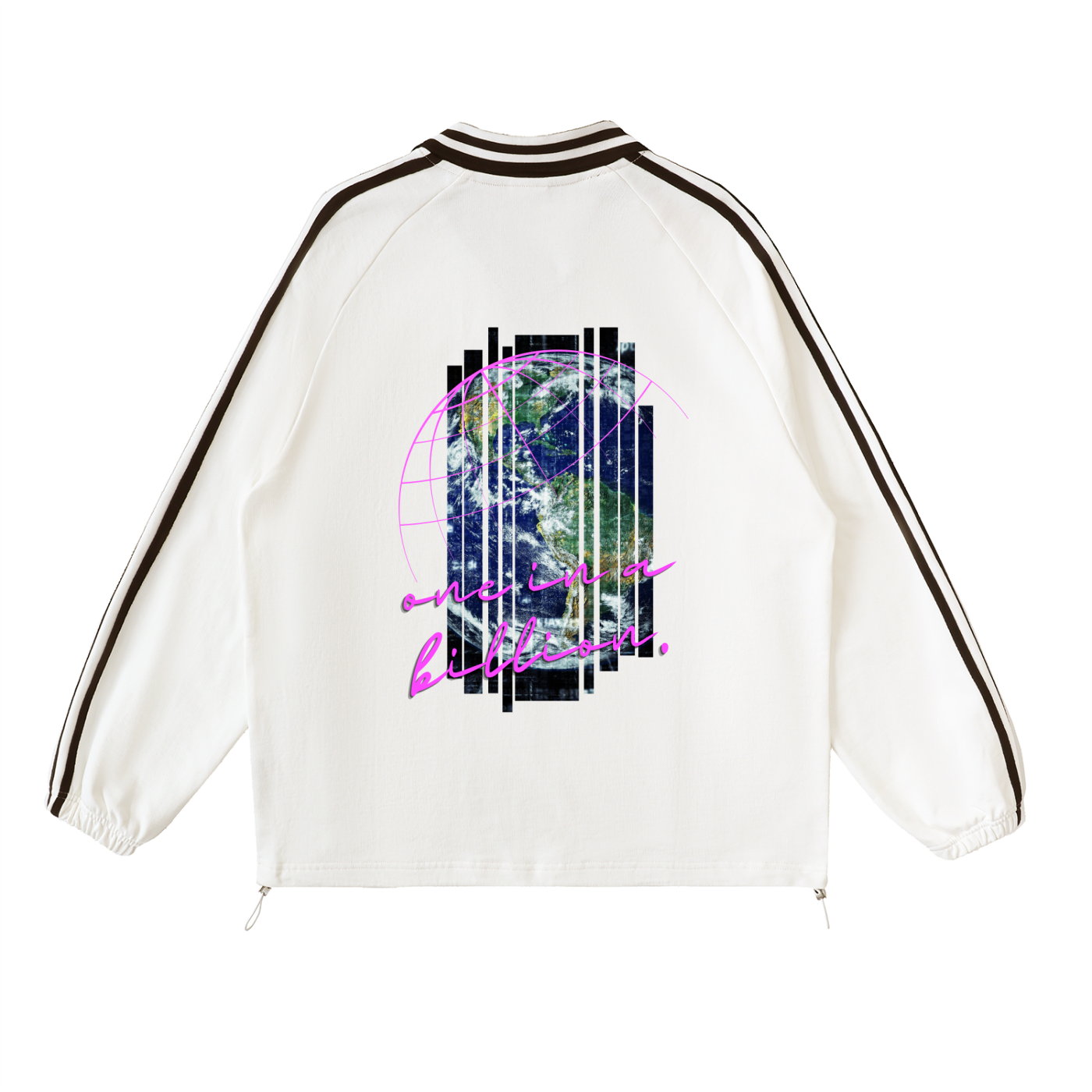 White jacket with graphic design and text on a white background. Stylist streetwear collar Sweatshirt, comfy formal collar Sweatshirt, fashion collar Sweatshirt, graphic collar Sweatshirt