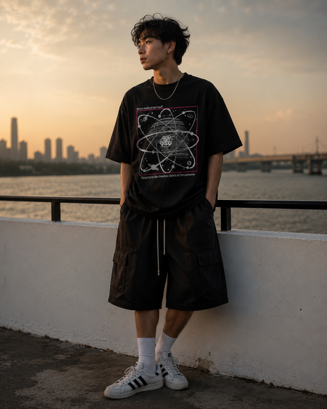 Person wearing a black t-shirt with a graphic design and black shorts, standing by a waterfront with a city skyline in the background. Stylist streetwear tee, comfy formal tee, fashion tee, graphic tee