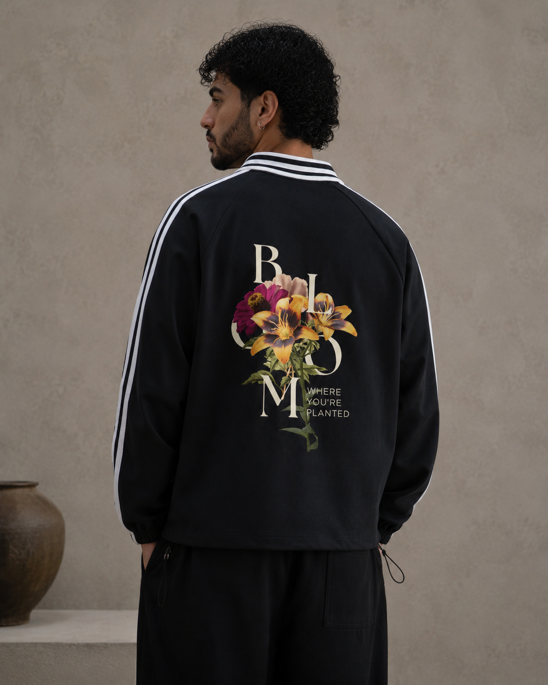 Person wearing a black tracksuit with floral design and text on the back against a beige wall. Stylist streetwear collar Sweatshirt, comfy formal collar Sweatshirt, fashion collar Sweatshirt, graphic collar Sweatshirt