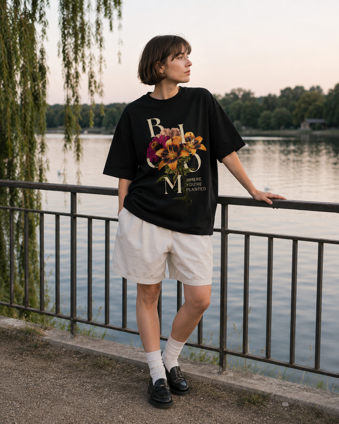 Person wearing a black t-shirt with floral design and text, standing by a lake. Stylist streetwear tee, comfy formal tee, fashion tee, graphic tee