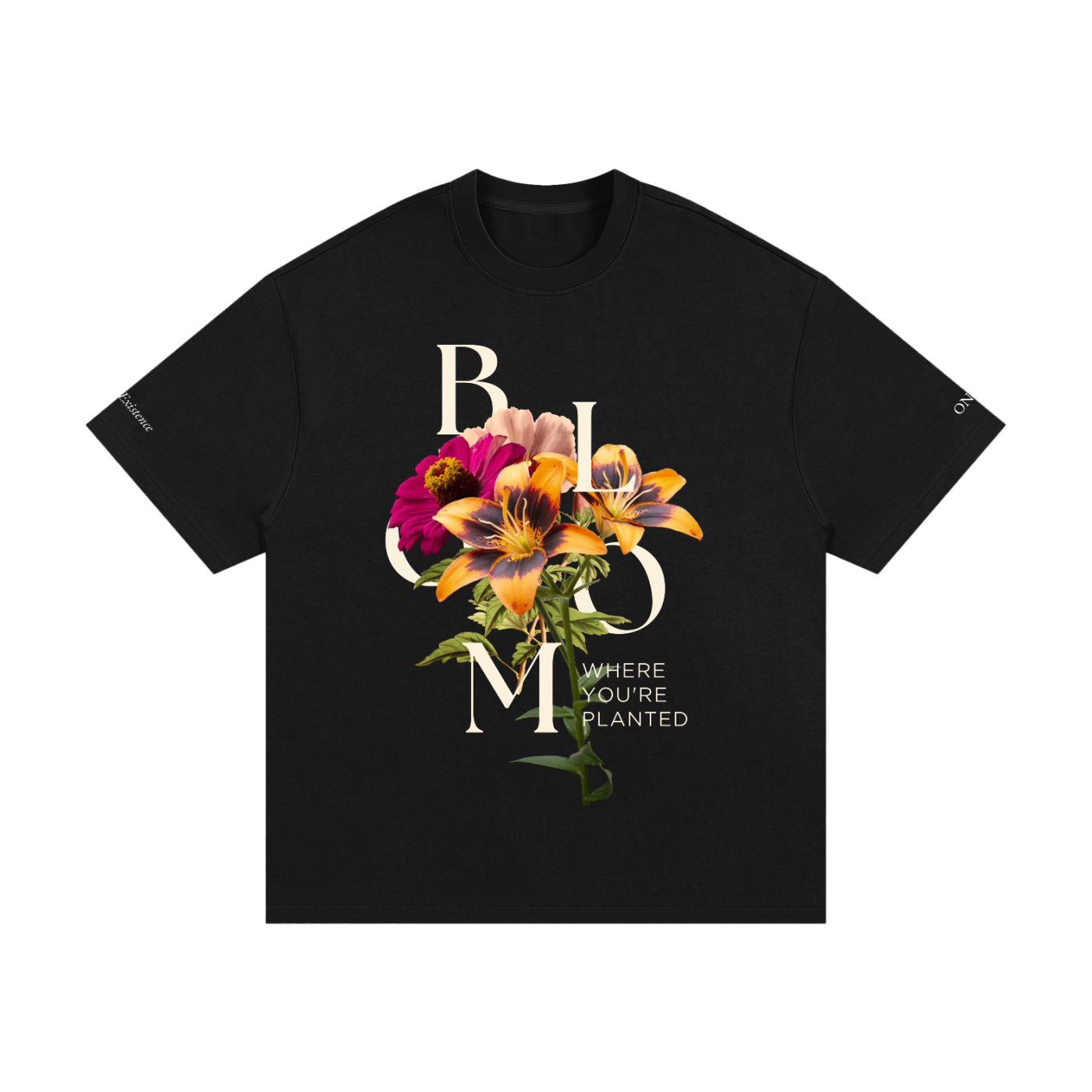 Black t-shirt with floral design and text on a white background