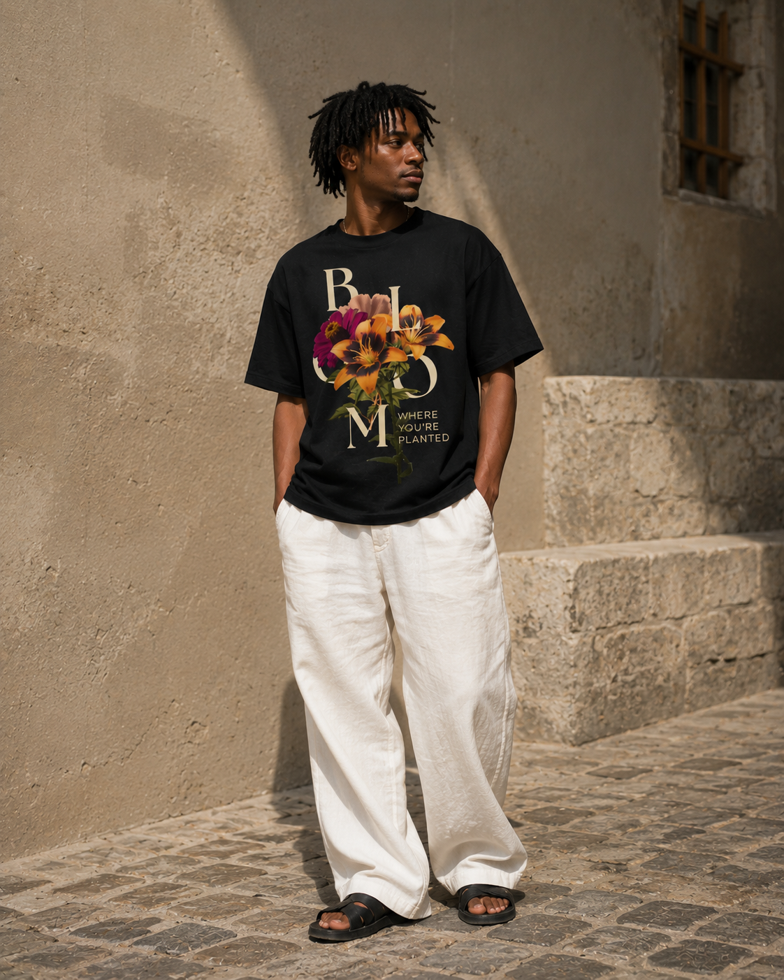 Man wearing a black t-shirt with floral design and text, standing against a stone wall. 