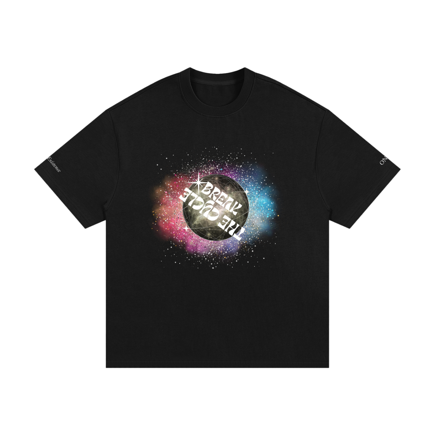 Black t-shirt with colorful graphic design on a white background