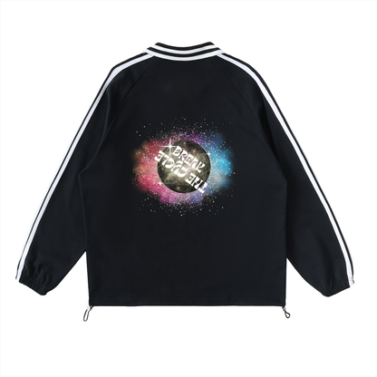 Black jacket with colorful eye design and text on a white background